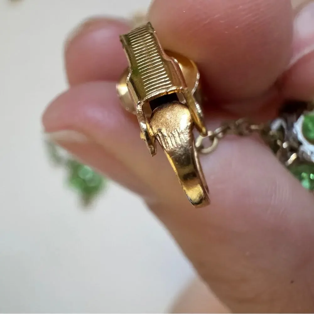 Green Rhinestone Gold Tone Dangle Earrings Clip On Vintage Classic
